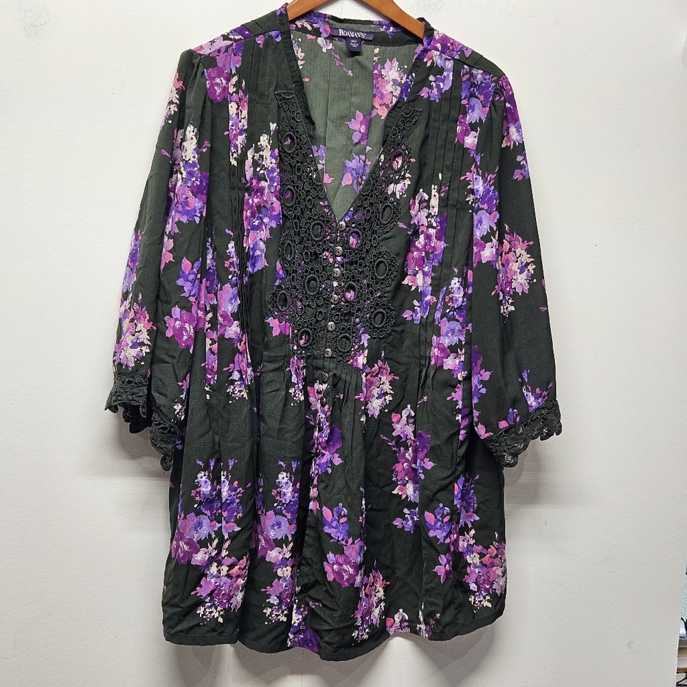 Roaman's Boho Floral Tunic Top Plus Size 28W Crochet Lace V-Neck 3/4 Sleeve